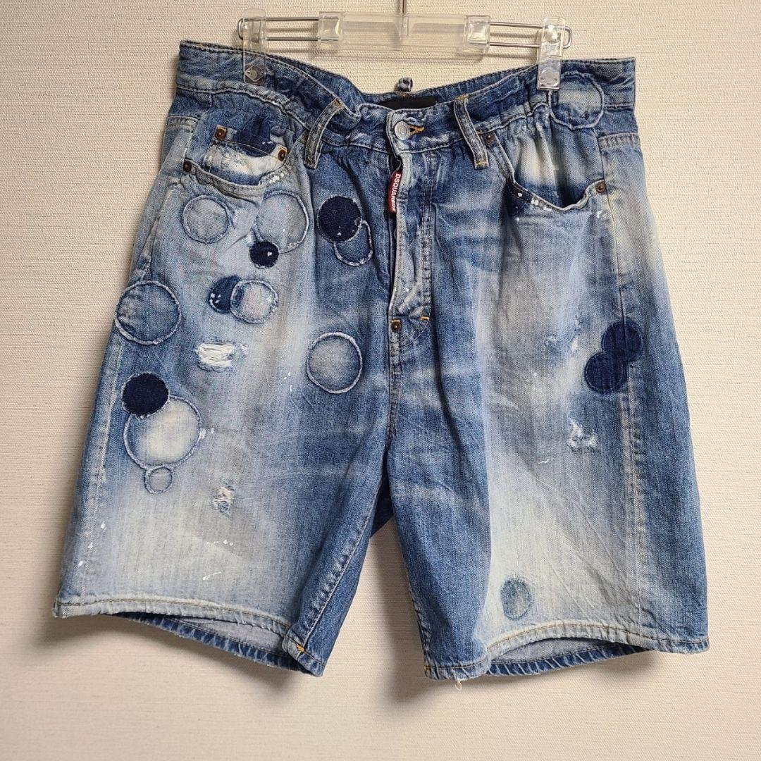 ディースクエアード デニム ハーフパンツ ドット ダメージ加工 48 ブリーチ DSQUARED2（ディースクエアード） ダメージ加工 ボタンフライ デニム